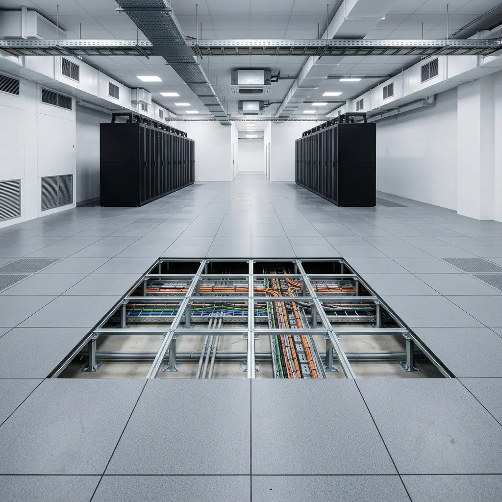 Raised access floor panels arranged for a technical infrastructure space
